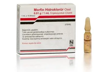 MORFIN HIDROKLORUR 0,01 GR/1 ML 1MLx10 AMPUL kutu fotoğrafı, ampul formunda morfin içerir. Üretici: OSEL İLAÇ SANAYİ VE TİCARET ANONİM ŞİRKETİ.
