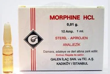 MORPHINE HCL 0,01 GR 10 AMPUL ambalajı. Morfin içeren ampul. Üretici: GALEN İLAÇ SAN.VE TİC.A.Ş.