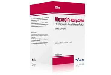 Moksifloksasin içeren çözelti: MOXACIN 400 MG/250 ML IV INF. ICIN COZELTI ICEREN 1 FLAKON ambalajı. Üretici: VEM İLAÇ SAN. VE TİC. ANONİM ŞİRKETİ.