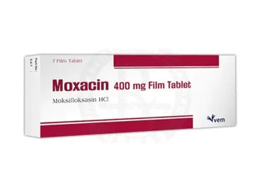 MOXACIN 400 MG 7 FILM TABLET (moksifloksasin) ürün ambalajı, film kaplı tablet. Üretici: VEM İLAÇ SAN. VE TİC. ANONİM ŞİRKETİ.