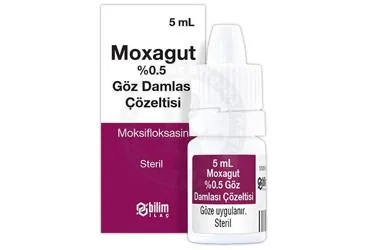 MOXAGUT % 0,5 GOZ DAMLASI. COZELTI (5 ML) ürün ambalajı. Moksifloksasin -oftalmik içeren göz damlası. Üretici: BİLİM İLAÇ SANAYİİ VE TİCARET A.Ş.