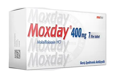 MOXDAY 400 MG 5 FILM TABLET kutusu, film kaplı tablet formunda moksifloksasin içerir. Üretici: NEUTEC İLAÇ SANAYİ TİCARET ANONİM ŞİRKETİ.