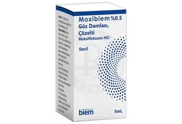 MOXIBIEM %0,5 GOZ DAMLASI, COZELTI kutu fotoğrafı, göz damlası formunda moksifloksasin -oftalmik içerir. Üretici: BİEM İLAÇ SAN. VE TİC. A.Ş.