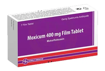 MOXICUM 400 MG 7 FILM TABLET ambalajı, film kaplı tablet formunda moksifloksasin içerir. Üretici: WORLD MEDICINE İLAÇ SAN. VE TİC. A.Ş.
