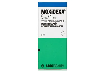 Moksifloksasin + deksametazon içeren çözelti: MOXIDEXA 5 MG/1 MG STERIL OFTALMIK COZELTI (5 ML) kutusu. Üretici: ABDİ İBRAHİM İLAÇ SANAYİ VE TİCARET A.Ş.