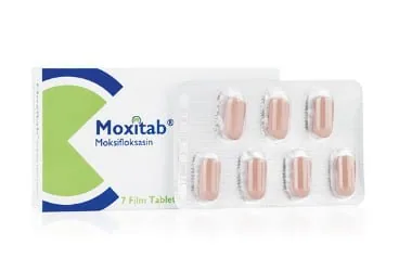 MOXITAB 400 MG 10 FILM TABLET kutusu. Moksifloksasin içeren film kaplı tablet. Üretici: LİLYUM İLAÇ VE KİMYA SANAYİ TİCARET LİMİTED ŞİRKETİ.