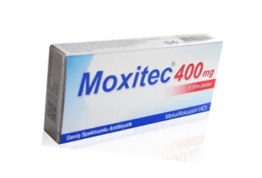 MOXITEC 400 MG 5 FILM TABLET (moksifloksasin) kutusu, film kaplı tablet. Üretici: BASEL KİMYEVİ MADDELER VE İLAÇ SANAYİ TİCARET ANONİM ŞİRKETİ.