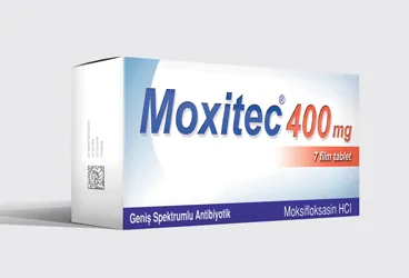 MOXITEC 400 MG 7 FİLM TABLET kutu fotoğrafı. Moksifloksasin içeren film kaplı tablet. Üretici: BASEL KİMYEVİ MADDELER VE İLAÇ SANAYİ TİCARET ANONİM ŞİRKETİ.
