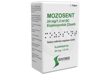 MOZOSENT 24 MG / 1.2 ML S.C. ENJEKSIYONLUK COZELTI ürün ambalajı. Pleriksafor içeren çözelti. Üretici: SENTİNUS İLAÇ SANAYİ VE TİCARET ANONİM ŞİRKETİ.