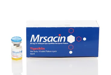 MRSACIN 50 MG IV INFUZYON COZ. ICIN LIYOFILIZE TOZ ICEREN 10 FLAKON kutu fotoğrafı, flakon formunda tigesiklin içerir. Üretici: BİEM İLAÇ SAN. VE TİC. A.Ş.