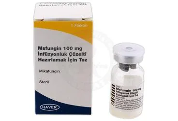 Mikafungin içeren çözelti: MSFUNGIN 100 MG INFUZYONLUK COZELTI HAZIRLAMAK ICIN TOZ ambalajı. Üretici: HAVER TRAKYA İLAÇ SANAYİ VE TİCARET ANONİM ŞİRKETİ.