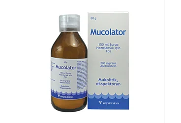 MUCOLATOR 200 MG/5 ML SURUP HAZIRLAMAK ICIN TOZ (150 ML) ambalajı. Asetilsistein içeren şurup. Üretici: KOÇAK FARMA İLAÇ VE KİMYA SANAYİ A.Ş.