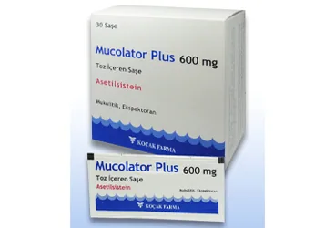 MUCOLATOR PLUS 600 MG TOZ ICEREN 30 SASE (asetilsistein) ambalajı, saşe. Üretici: KOÇAK FARMA İLAÇ VE KİMYA SANAYİ A.Ş.