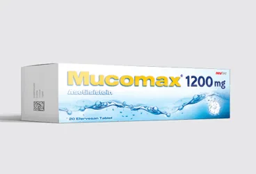MUCOMAX 1200 MG 20 EFERVESAN TABLET kutu fotoğrafı. Asetilsistein içeren efervesan tablet. Üretici: NEUTEC İLAÇ SANAYİ TİCARET ANONİM ŞİRKETİ.
