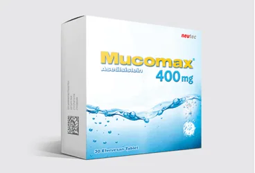 Asetilsistein içeren efervesan tablet: MUCOMAX 400 MG 30 EFERVESAN TABLET kutusu. Üretici: NEUTEC İLAÇ SANAYİ TİCARET ANONİM ŞİRKETİ.