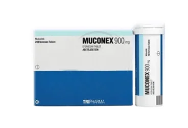 Asetilsistein içeren efervesan tablet: MUCONEX 900 MG 20 EFERVESAN TABLET kutusu. Üretici: TRIPHARMA İLAÇ SANAYİ VE TİCARET A.Ş.