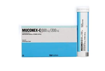 MUCONEX- C 600 MG/200 MG 30 EFERVESAN TABLET kutusu, efervesan tablet formunda asetilsistein, vitamin c kombinasyonu içerir. Üretici: TRIPHARMA İLAÇ SANAYİ VE TİCARET A.Ş.