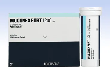 Asetilsistein içeren efervesan tablet: MUCONEX FORT 1200 MG 20 EFERVESAN TABLET kutu fotoğrafı. Üretici: TRIPHARMA İLAÇ SANAYİ VE TİCARET A.Ş.