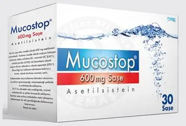 MUCOSTOP 600 MG 30 SASE (asetilsistein) ürün ambalajı, saşe. Üretici: CELTİS İLAÇ SANAYİ VE TİCARET ANONİM ŞİRKETİ.