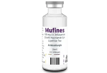 MUFINES 100 MG I.V. INFUZYONLUK COZELTI HAZIRLAMAK ICIN LIYOFILIZE TOZ ambalajı. Anidulafungin içeren çözelti. Üretici: POLİFARMA İLAÇ SAN. VE TİC. A.Ş.