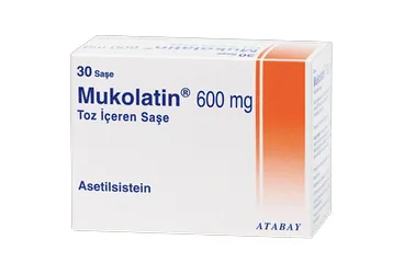 MUKOLATIN 600 MG 30 SAŞE (asetilsistein) ambalajı, saşe. Üretici: ATABAY KİMYA SANAYİ VE TİC. A.Ş.