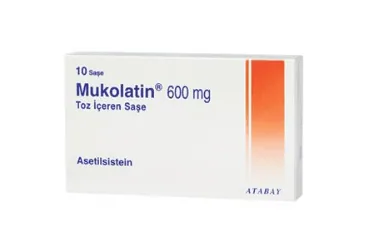 Asetilsistein içeren saşe: MUKOLATIN 600 MG 10 SASE ürün ambalajı. Üretici: ATABAY KİMYA SANAYİ VE TİC. A.Ş.