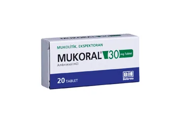 MUKORAL 30 MG 20 TABLET ürün ambalajı, tablet formunda ambroksol hcl içerir. Üretici: BİOFARMA İLAÇ SANAYİ VE TİCARET A.Ş.