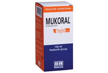 MUKORAL PEDIATRIK 15 MG/5ML 150 ML SURUP (ambroksol hcl) ambalajı, şurup. Üretici: BİOFARMA İLAÇ SANAYİ VE TİCARET A.Ş.
