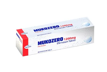 MUKOZERO 1200 MG 20 EFERVESAN TABLET kutusu. Asetilsistein içeren efervesan tablet. Üretici: HUMANİS SAĞLIK ANONİM ŞİRKETİ.