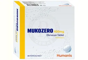 MUKOZERO 400 MG EFERVESAN TABLET (30 TABLET) kutu fotoğrafı. Asetilsistein içeren efervesan tablet. Üretici: HUMANİS SAĞLIK ANONİM ŞİRKETİ.