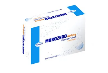 MUKOZERO 600 MG 20 EFERVESAN TABLET ürün ambalajı. Asetilsistein içeren efervesan tablet. Üretici: HUMANİS SAĞLIK ANONİM ŞİRKETİ.