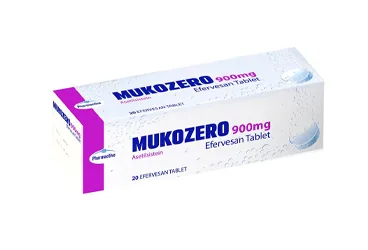 MUKOZERO 900 MG 20 EFERVESAN TABLET (asetilsistein) ambalajı, efervesan tablet. Üretici: HUMANİS SAĞLIK ANONİM ŞİRKETİ.