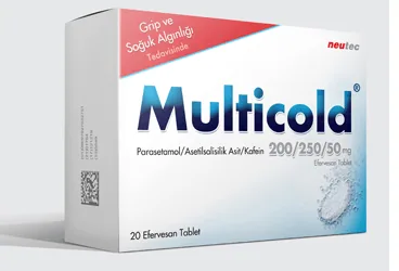 MULTICOLD 200/250/50 MG 30 EFERVESAN TABLET kutu fotoğrafı, efervesan tablet formunda parasetamol + asetilsalisilik asit + kafein içerir. Üretici: NEUTEC İLAÇ SAN. TİC. A.Ş.