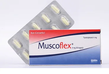 MUSCOFLEX 4 MG 20 KAPSÜL ürün ambalajı, kapsül formunda tiyokolşikosid içerir. Üretici: BİLİM İLAÇ SANAYİİ VE TİCARET A.Ş.