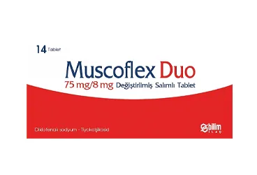 MUSCOFLEX DUO 75/8 MG DEGISTIRILMIS SALIM TABLET (14 TABLET) kutusu. Diklofenak + tiyokolşikosid içeren tablet. Üretici: BİLİM İLAÇ SANAYİİ VE TİCARET A.Ş.