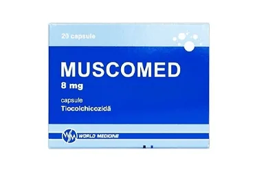 MUSCOMED 8 MG 10 KAPSUL ambalajı, kapsül formunda tiyokolşikosid içerir. Üretici: WORLD MEDICINE İLAÇ SAN. VE TİC. A.Ş.
