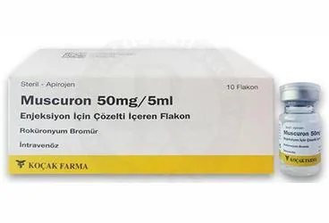 MUSCURON 50 MG/5 ML ENJEKSIYON ICIN COZELTI ICEREN 10 FLAKON kutu fotoğrafı. Rokuronyum bromid içeren çözelti. Üretici: KOÇAK FARMA İLAÇ VE KİMYA SANAYİ A.Ş.