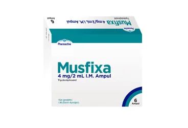 MUSFIXA 4 MG/2 ML ENJEKSIYONLUK COZELTI (6 AMPUL) ürün ambalajı. Tiyokolşikosid içeren çözelti. Üretici: HUMANİS SAĞLIK ANONİM ŞİRKETİ.