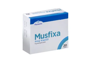 Tiyokolşikosid içeren kapsül: MUSFIXA 4 MG 20 KAPSUL kutusu. Üretici: HUMANİS SAĞLIK ANONİM ŞİRKETİ.