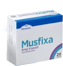 MUSFIXA 8 MG 10 KAPSUL kutusu. Tiyokolşikosid içeren kapsül. Üretici: PHARMACTİVE İLAÇ SAN. VE TİC. A.Ş.