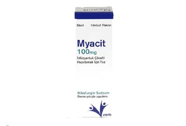 MYACIT 100 MG INFUZYONLUK COZELTI HAZIRLAMAK ICIN TOZ (1 FLAKON) ürün ambalajı. Mikafungin içeren çözelti. Üretici: VEM İLAÇ SAN. VE TİC. ANONİM ŞİRKETİ.
