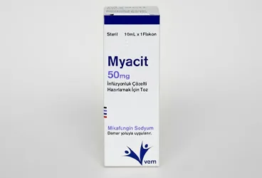 MYACIT 50 MG INFUZYONLUK COZELTI HAZIRLAMAK ICIN TOZ (1 FLAKON) ürün ambalajı. Mikafungin içeren çözelti. Üretici: VEM İLAÇ SAN. VE TİC. ANONİM ŞİRKETİ.