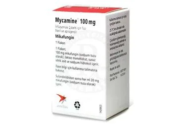 MYCAMINE 100 MG INFUZYONLUK COZELTI ICIN TOZ 1 FLAKON kutusu, çözelti formunda mikafungin içerir. Üretici: ASTELLAS PHARMA İLAÇ TİCARET VE SANAYİ ANONİM ŞİRKETİ.