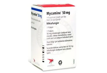 Mikafungin içeren çözelti: MYCAMINE 50 MG INFUZYONLUK COZELTI ICIN TOZ 1 FLAKON ambalajı. Üretici: ASTELLAS PHARMA İLAÇ TİCARET VE SANAYİ ANONİM ŞİRKETİ.