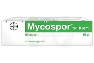 MYCOSPOR % 1 10 GR KREM ürün ambalajı. Bifonazol içeren krem. Üretici: BAYER TÜRK KİMYA SAN. LTD. ŞTİ.