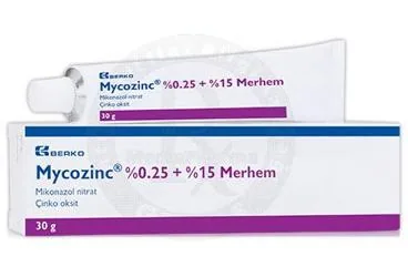 MYCOZINC MERHEM (30 G) ambalajı, merhem formunda mikonazol + çinko içerir. Üretici: BERKO İLAÇ VE KİMYA SAN. A.Ş.