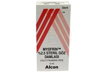 MYDFRIN %2.5 STERİL GOZ DAMLASI ambalajı, göz damlası formunda fenilefrin -oftalmik içerir. Üretici: ALCON LABORATUVARLARI TİC. A.Ş.