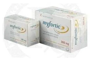 Mikofenolat içeren tablet: MYFORTIC 180 MG 120 TABLET kutusu. Üretici: NOVARTİS SAĞLIK GIDA VE TARIM ÜRÜNLERİ SANAYİ VE TİCARET ANONİM ŞİRKETİ.