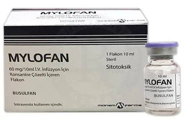 Busulfan içeren çözelti: MYLOFAN 60 MG/10 ML IV INF. ICIN KON. COZELTI ICEREN FLAKON ambalajı. Üretici: MONEMFARMA İLAÇ SAN. VE TİC. A.Ş.