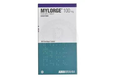 Dasatinib içeren film kaplı tablet: MYLORGE 100 MG FILM KAPLI TABLET (30 ADET) ürün ambalajı. Üretici: ABDİ İBRAHİM İLAÇ SANAYİ VE TİCARET A.Ş.